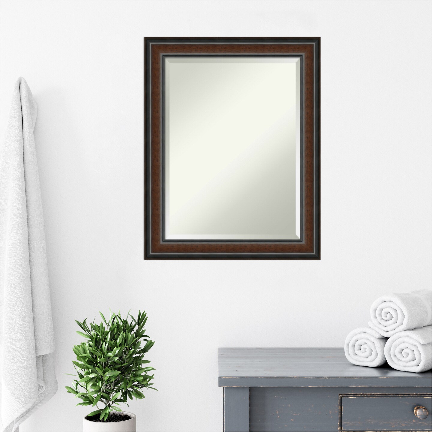 Beveled Wood Bathroom Wall Mirror, Cyprus Walnut Narrow Frame