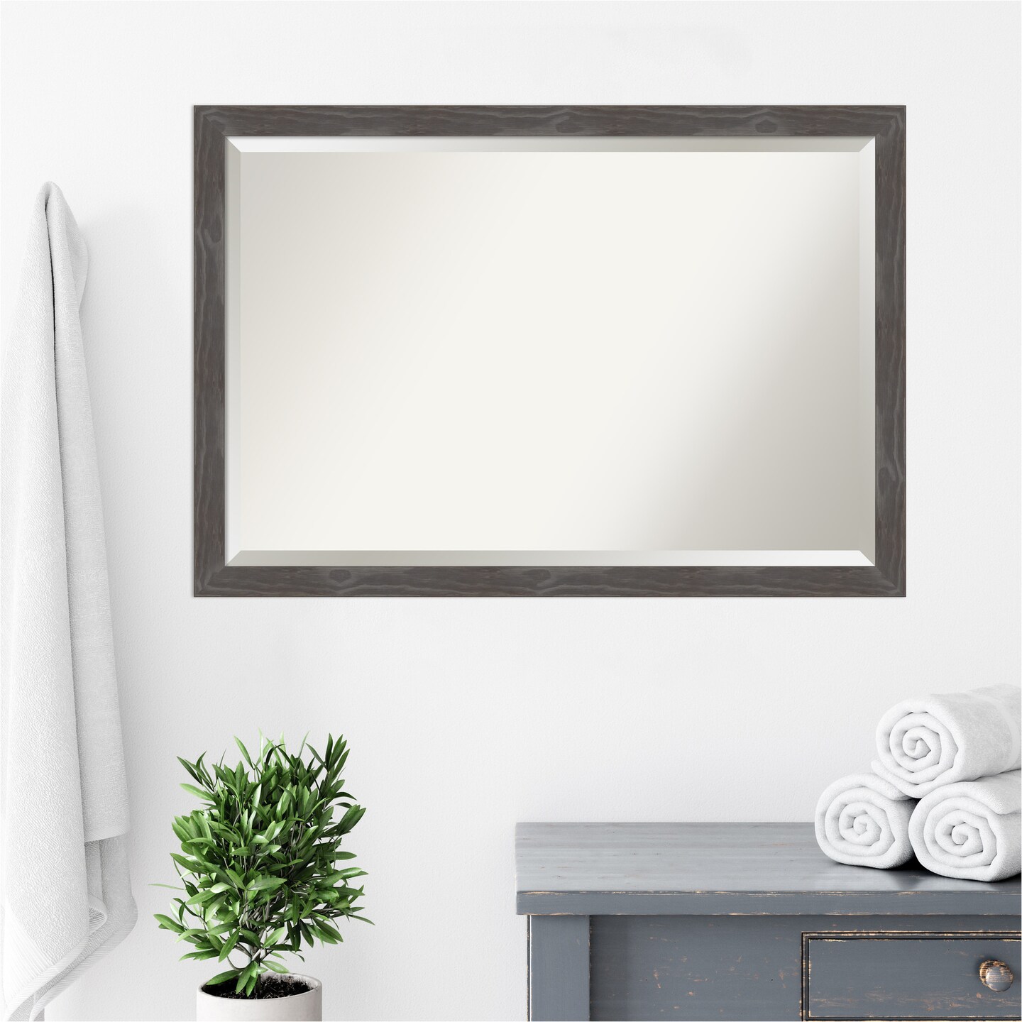Beveled Wood Bathroom Wall Mirror, Woodridge Rustic Grey Frame