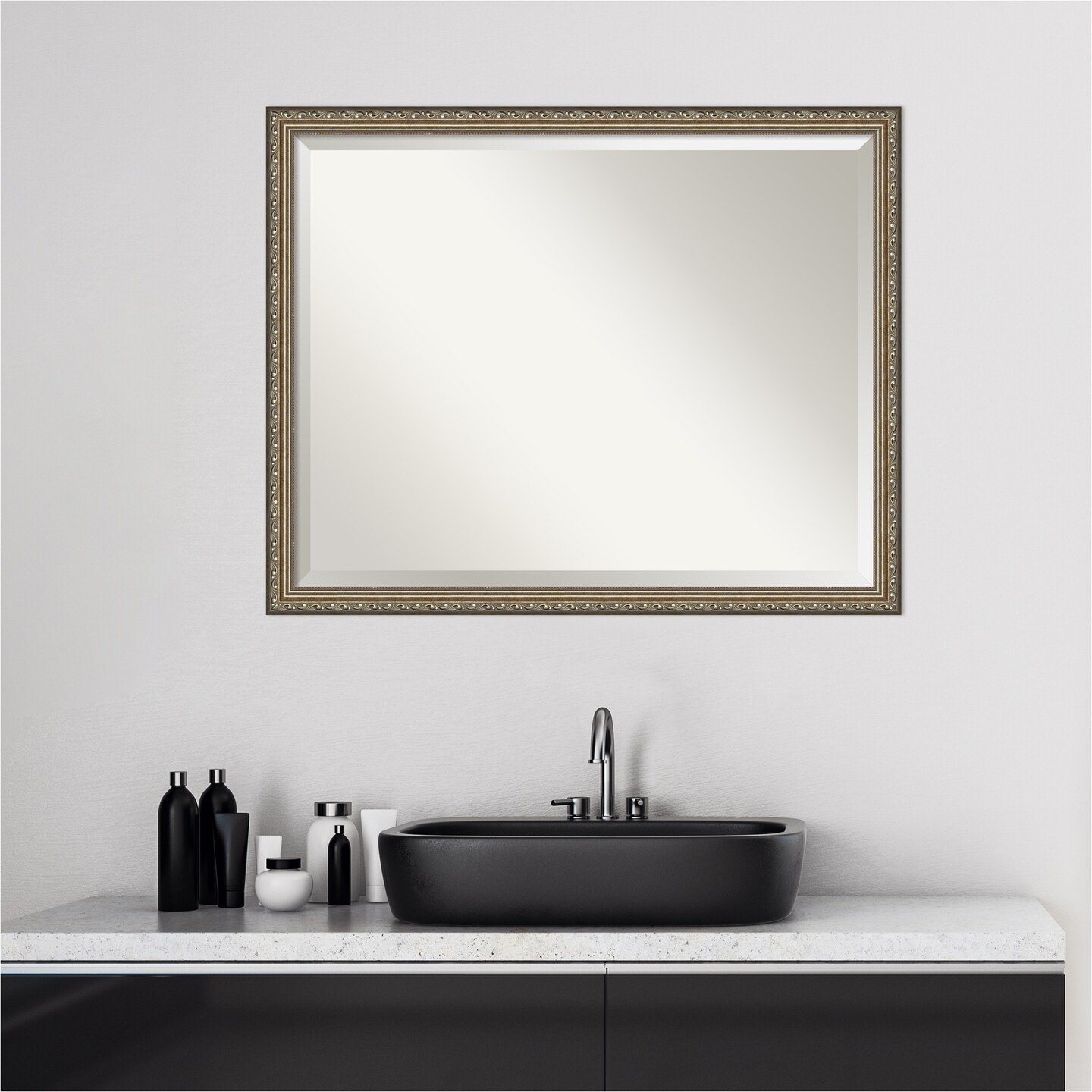 Beveled Wood Bathroom Wall Mirror, Parisian Silver Frame