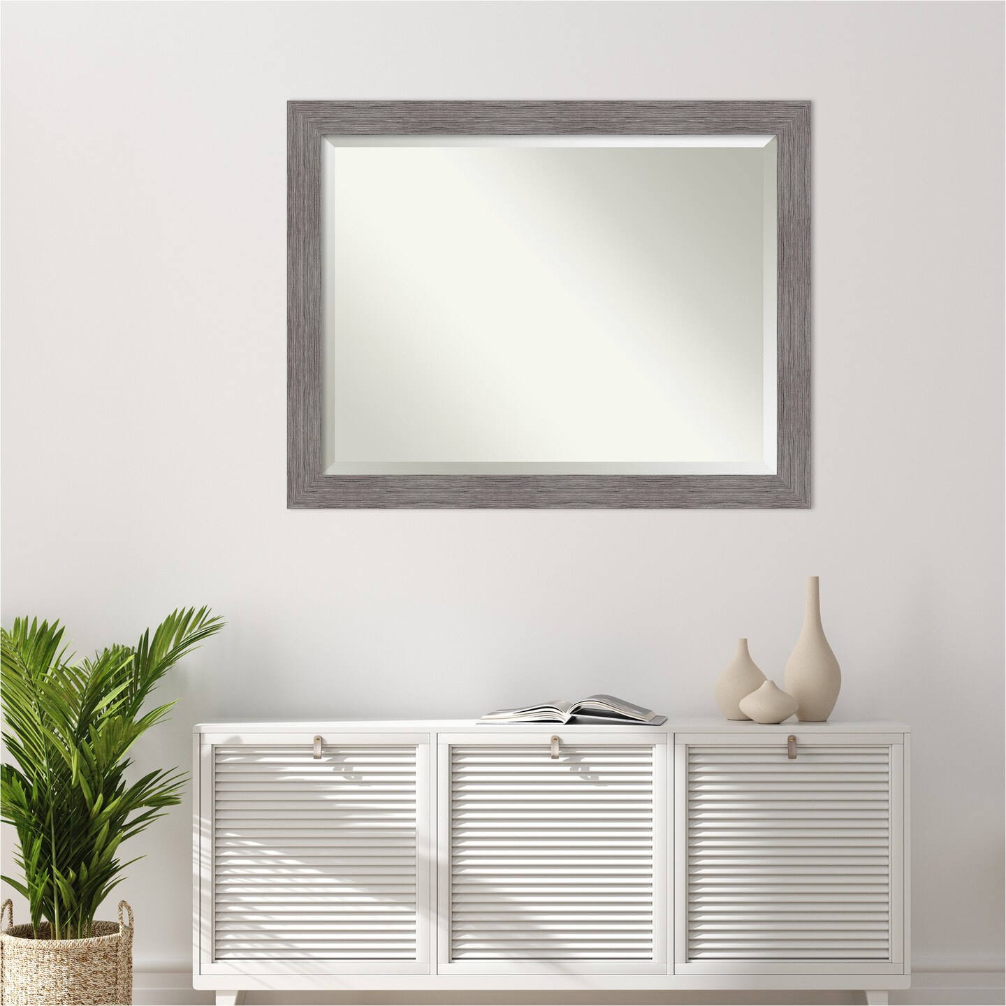 Beveled Bathroom Wall Mirror, Pinstripe Plank Grey Frame