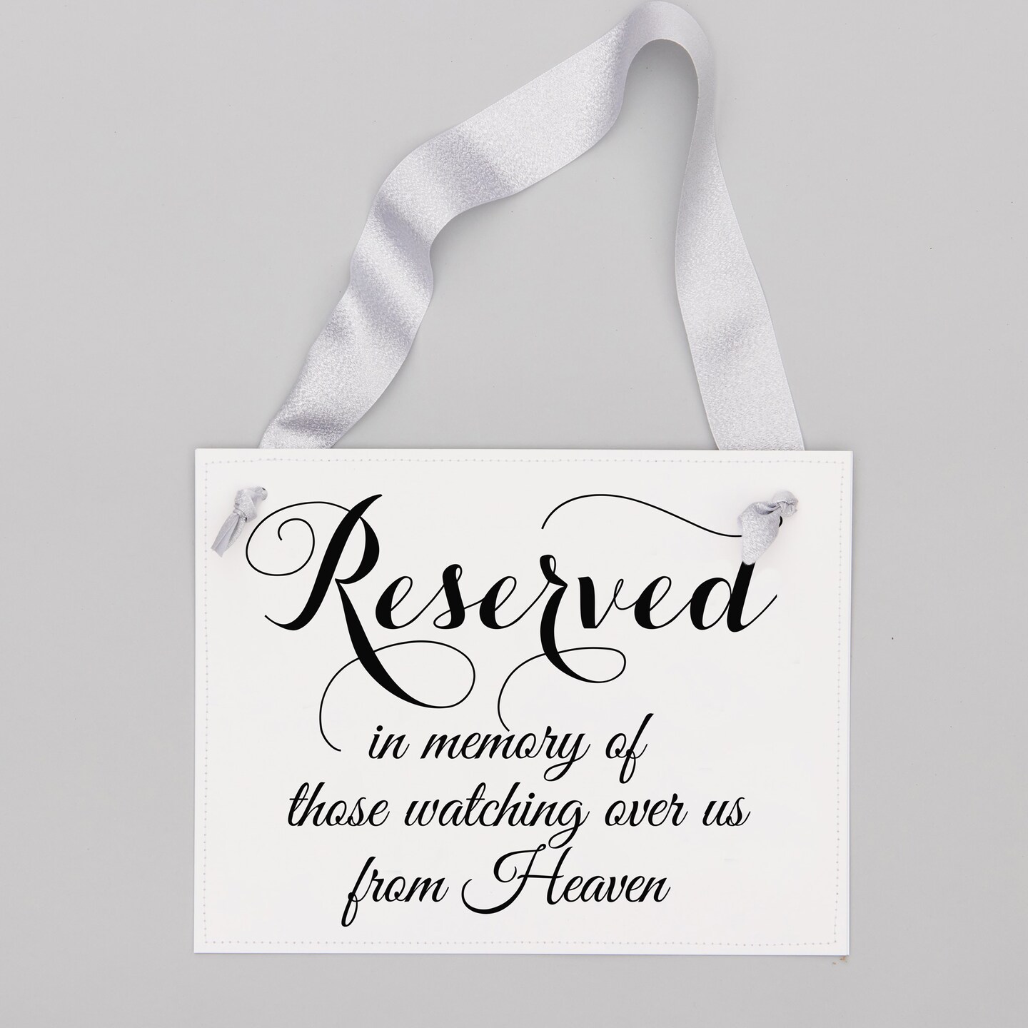 Ritzy Rose Memorial Chair Sign - Black on 11x8in White Linen Cardstock with Metallic Silver Ribbon