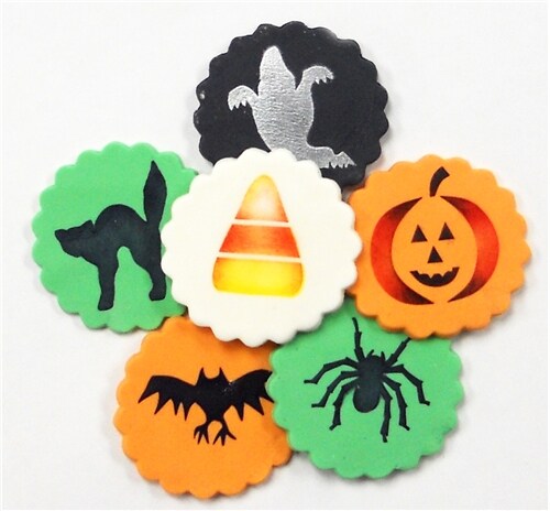 Halloween Cookie &#x26; Cupcake Stencil Set: Cat, Candy Corn, Spider, Ghost, Bat, Pumpkin | C065 by Designer Stencils | Cookie Decorating Tools | Baking Stencils for Royal Icing, Airbrush, Dusting Powder | Reusable Food Grade Stencil | Easy to Use &#x26; Clean