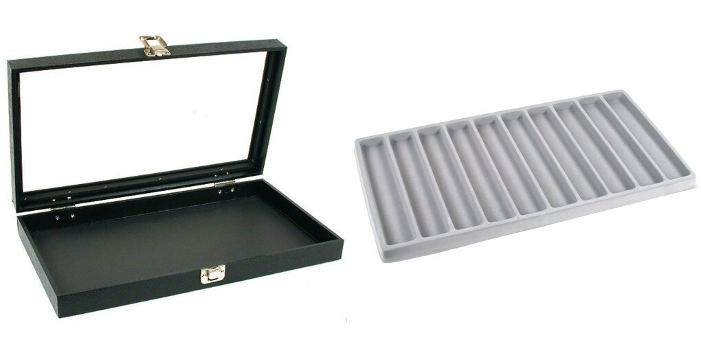 Black Glass Top Jewelry Case w/ 1 Gray 10-Slot Plastic Tray (Single metal latch)