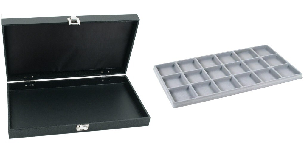 Black Jewelry Display Case (Single metal clasp) w/ Gray 18-slot Plastic Tray