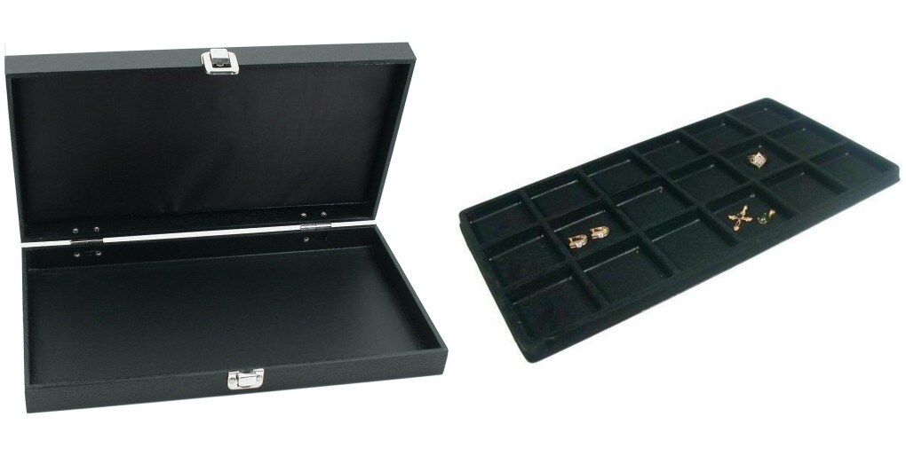 Black Jewelry Display Case (Single metal clasp) w/ Black 18-slot Plastic Tray