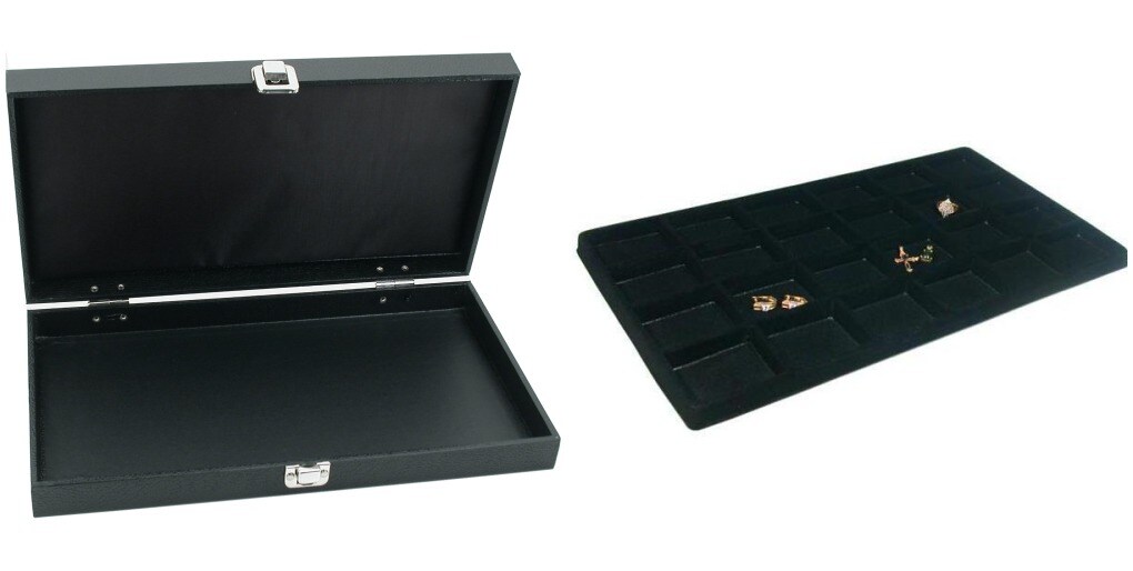 Black Jewelry Display Case (Single metal clasp) w/ Black 24-slot Plastic Tray
