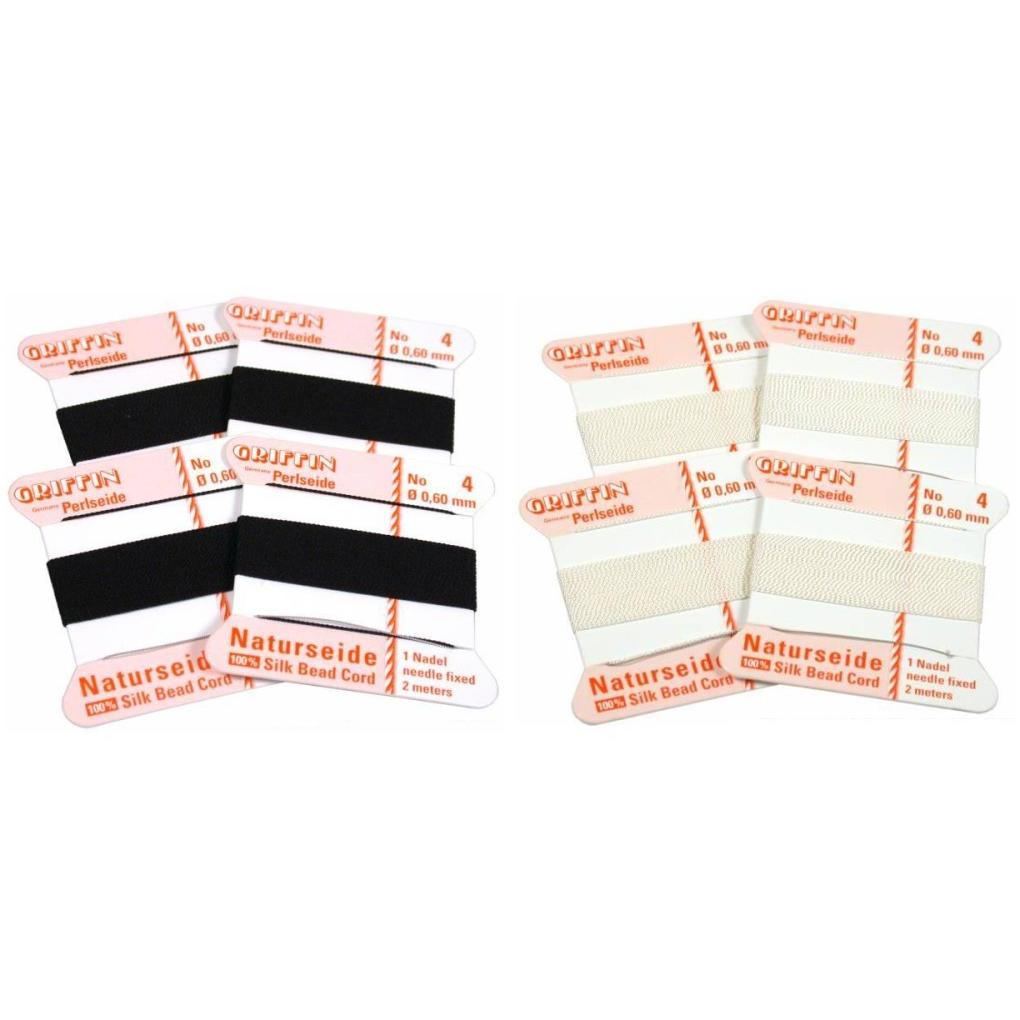 Griffin #4 Black & White 100% Silk Bead Stringing Cord .6mm Thick Kit 8 Pcs