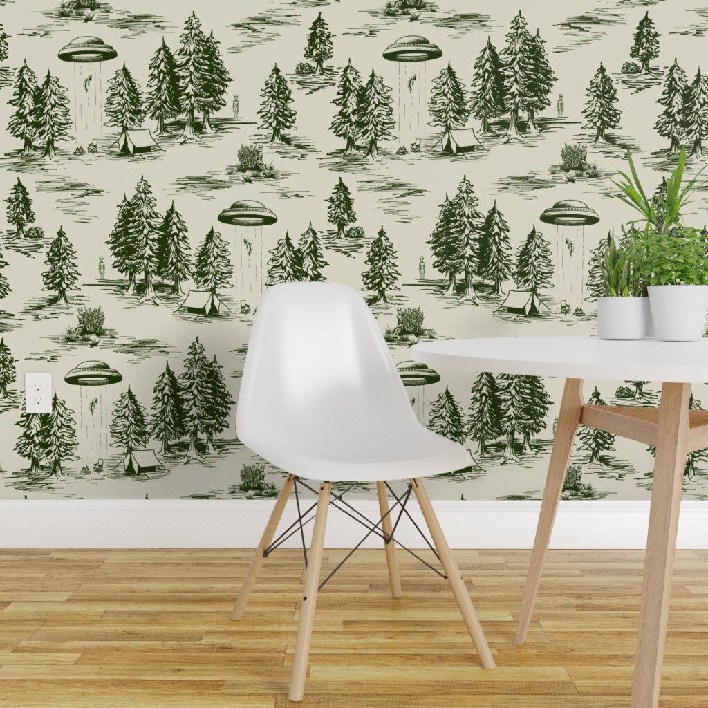 PrePasted Wallpaper 2FT Wide Forest Green & Cream Alien Abduction