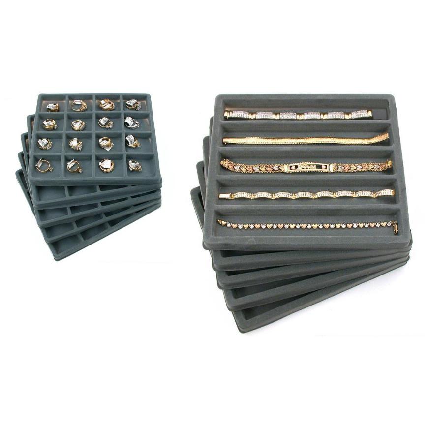 10 Gray Flocked Display Tray Inserts (5) 5 Slot & (5) 16 Slot Trays
