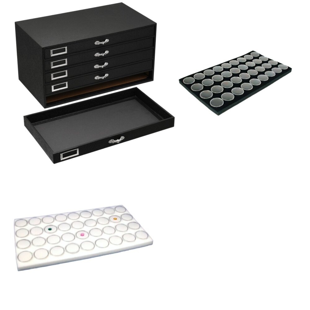 Black FindingKing 5-Drawer Jewelry Storage Case w/ Black & White Gem Jar Inserts
