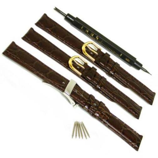 3 Brown Leather Watch Band &#x26; Deployment Buckle 18mm
