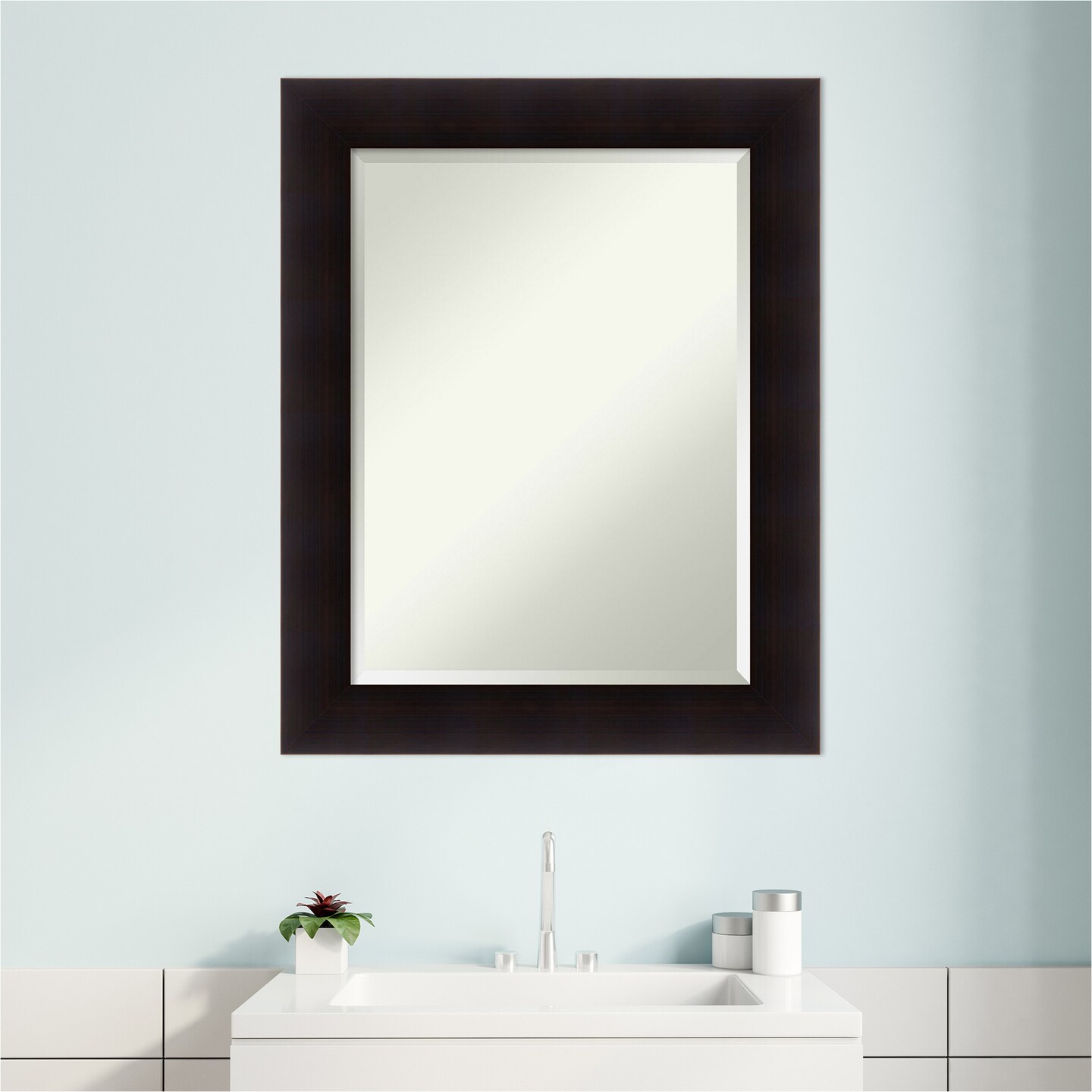 Beveled Wood Bathroom Wall Mirror, Portico Espresso Frame