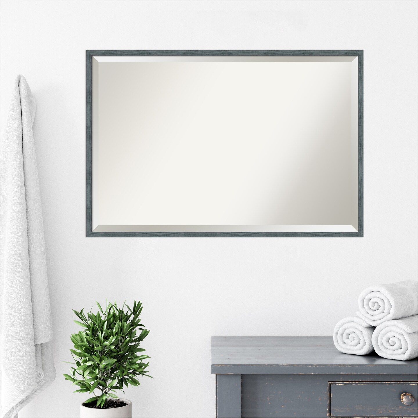 Beveled Wood Bathroom Wall Mirror, Dixie Blue Grey Rustic Narrow Frame