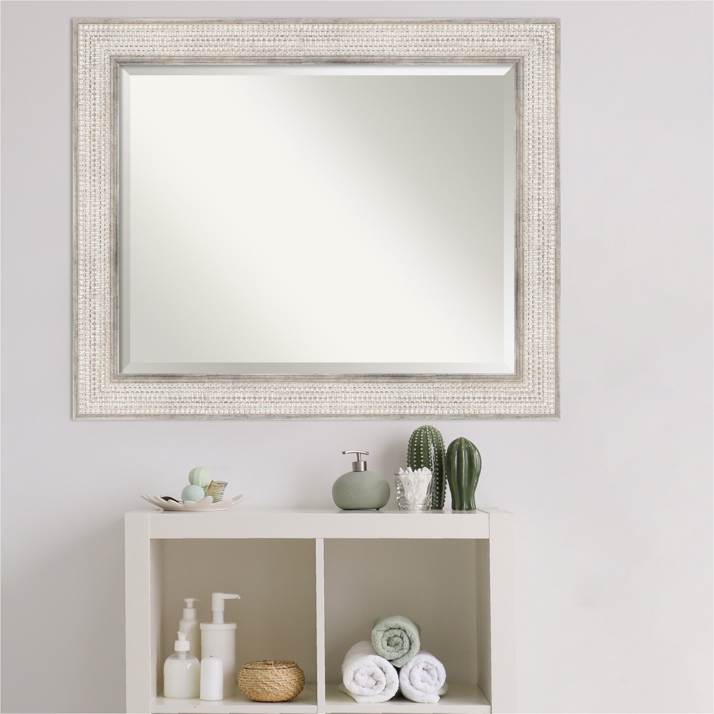 Beveled Wood Bathroom Wall Mirror, Trellis Silver Frame
