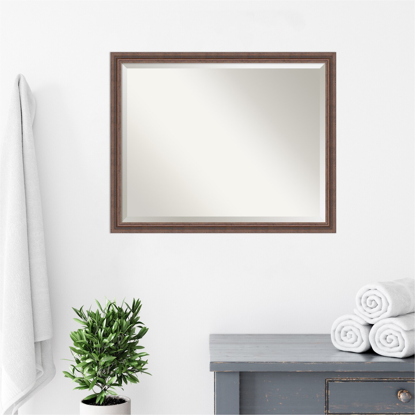Beveled Wood Bathroom Wall Mirror, Distressed Rustic Brown Frame