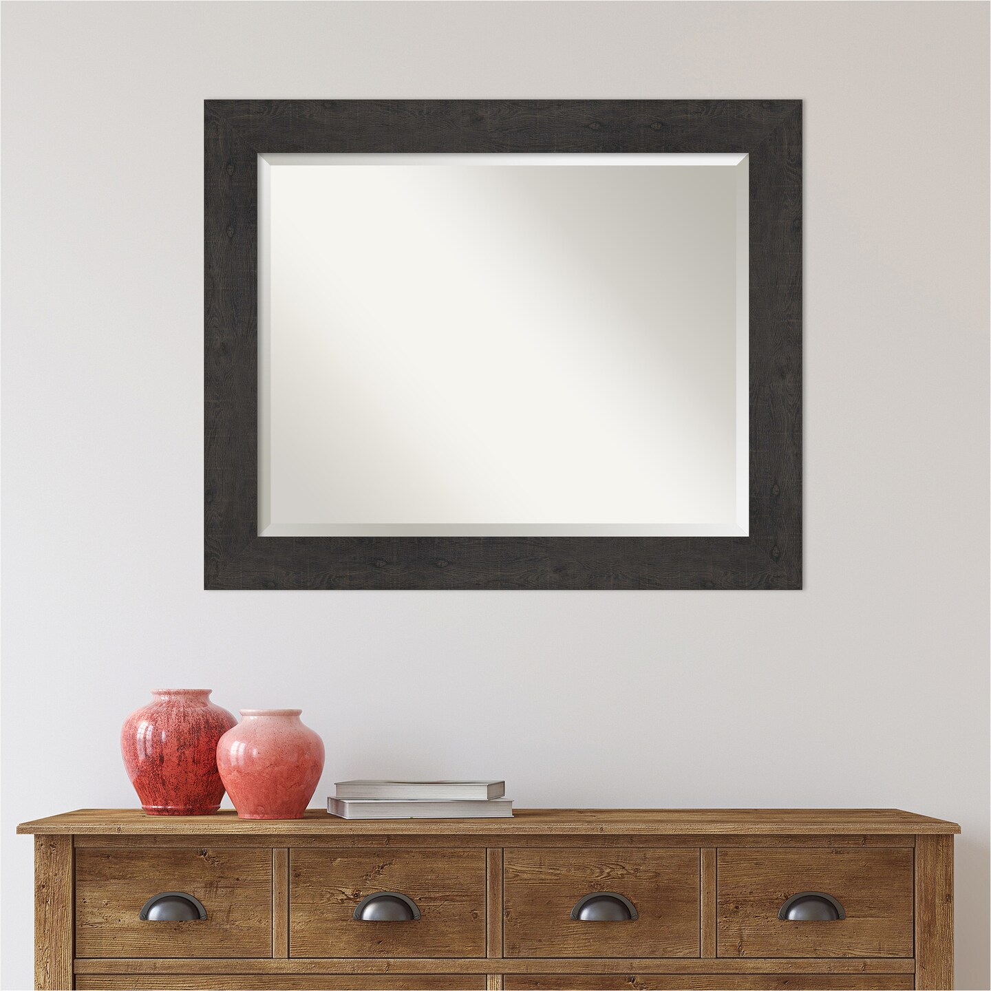 Beveled Bathroom Wall Mirror, Rustic Plank Frame