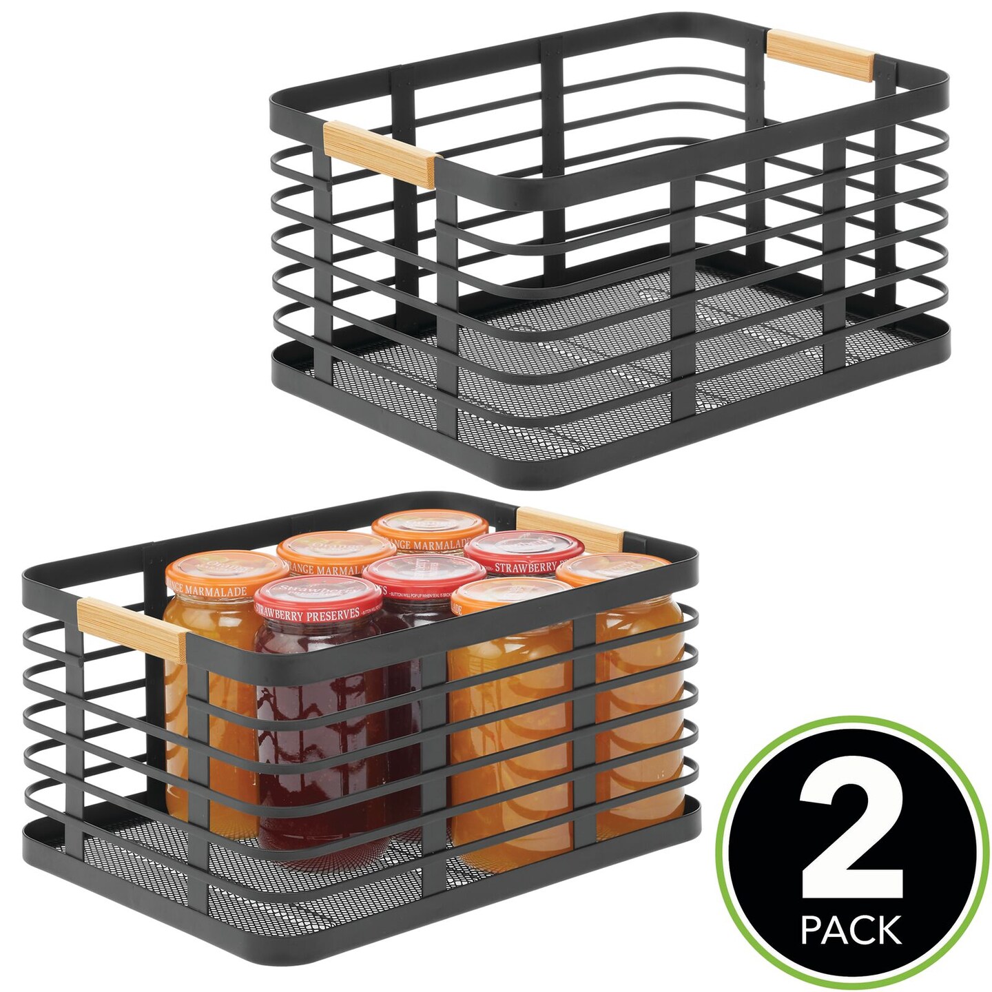 mDesign Metal Wire Rustic Large Food Storage Bin Basket - 2 Pack - Black/Natural