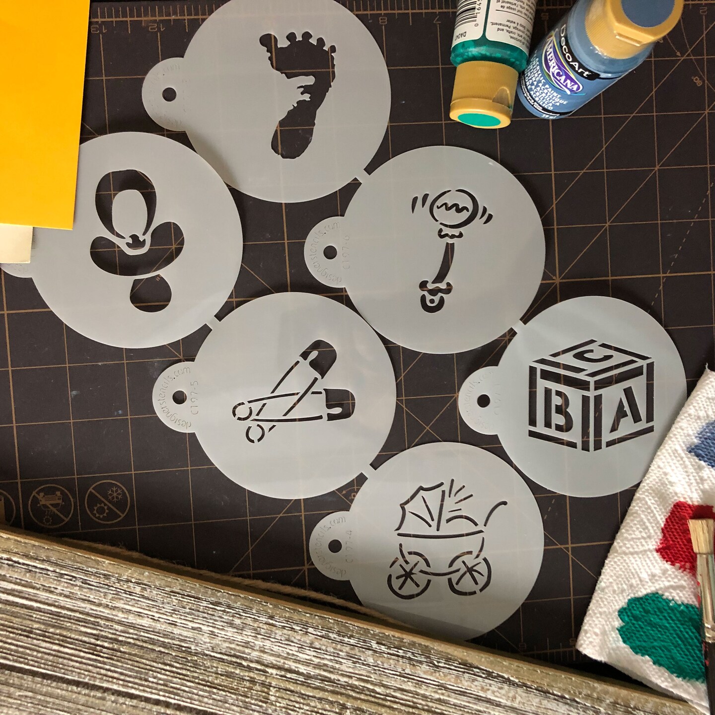 3-Inch Large Baby Cookie &#x26; Cupcake Stencils: Baby Carriage, Rattle, Pacifier, Block, Diaper Pins, Footprint | C197 by Designer Stencils | Cookie Decorating Tools | Baking Stencils for Royal Icing, Airbrush | Reusable Food Grade Stencil
