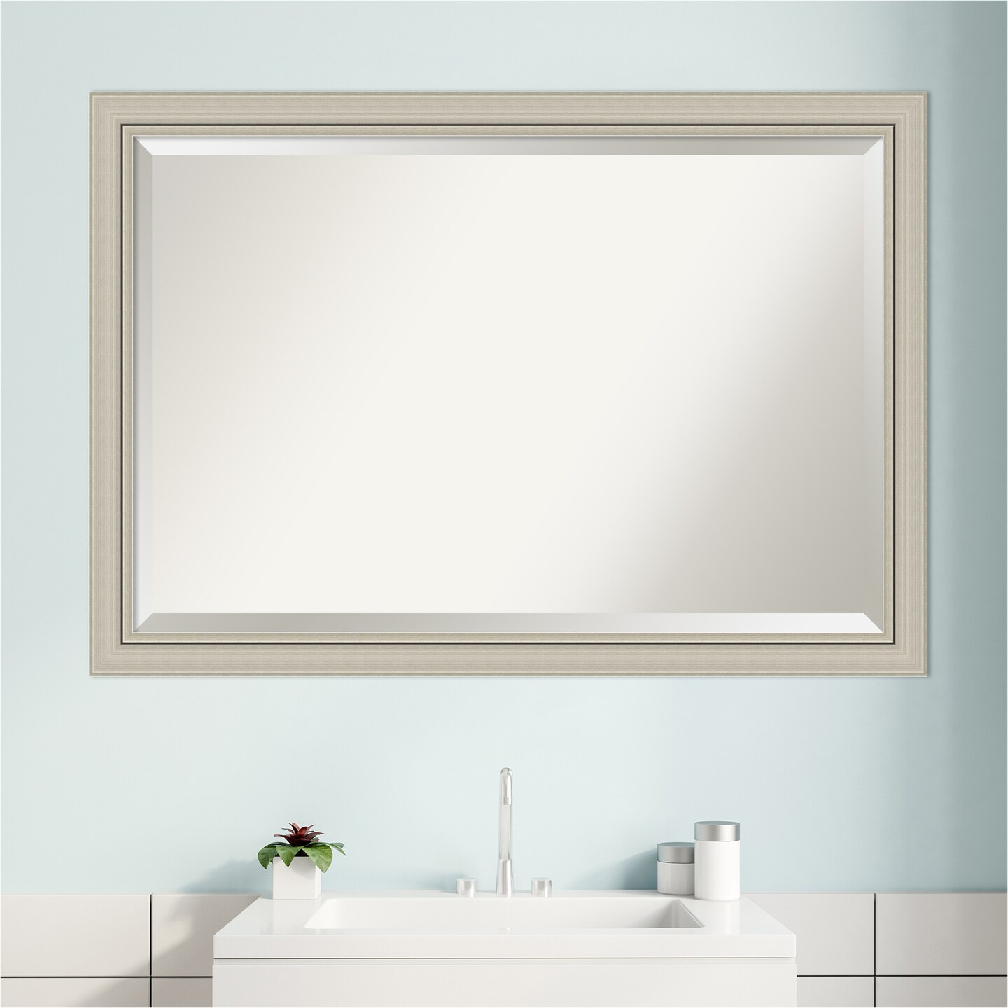 Beveled Wood Bathroom Wall Mirror, Romano Silver Narrow Frame