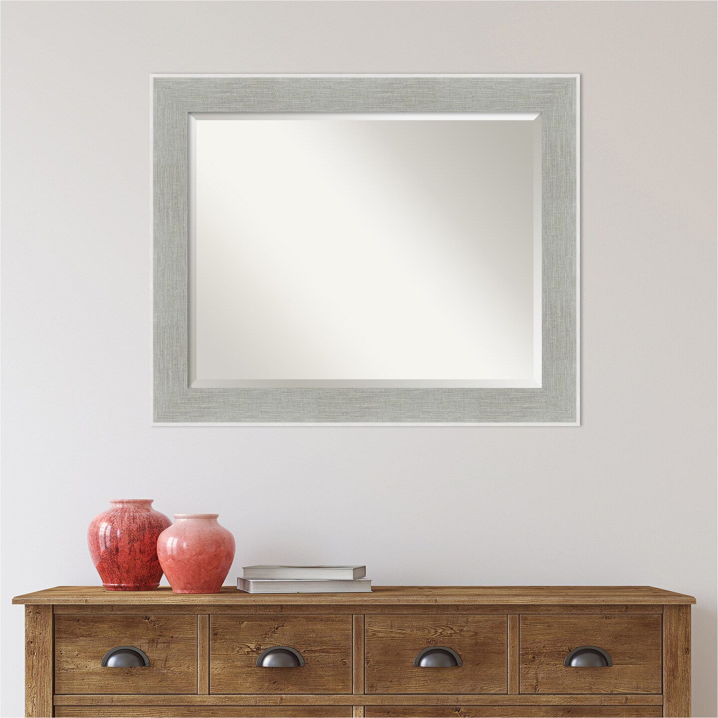Beveled Bathroom Wall Mirror, Glam Linen Grey Frame