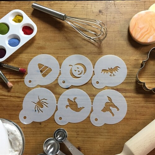 Halloween Cookie &#x26; Cupcake Stencil Set: Cat, Candy Corn, Spider, Ghost, Bat, Pumpkin | C065 by Designer Stencils | Cookie Decorating Tools | Baking Stencils for Royal Icing, Airbrush, Dusting Powder | Reusable Food Grade Stencil | Easy to Use &#x26; Clean