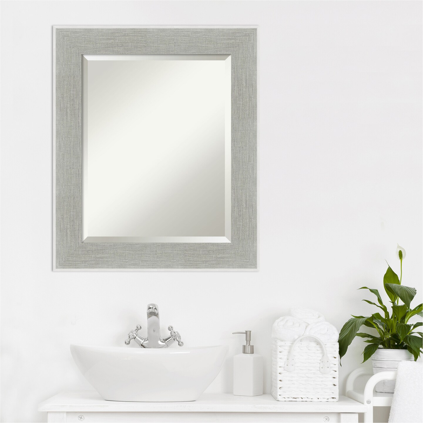 Beveled Bathroom Wall Mirror, Glam Linen Grey Frame