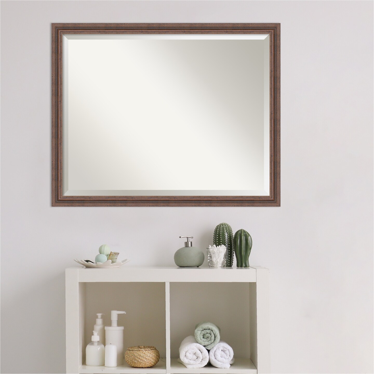 Beveled Wood Bathroom Wall Mirror, Distressed Rustic Brown Frame