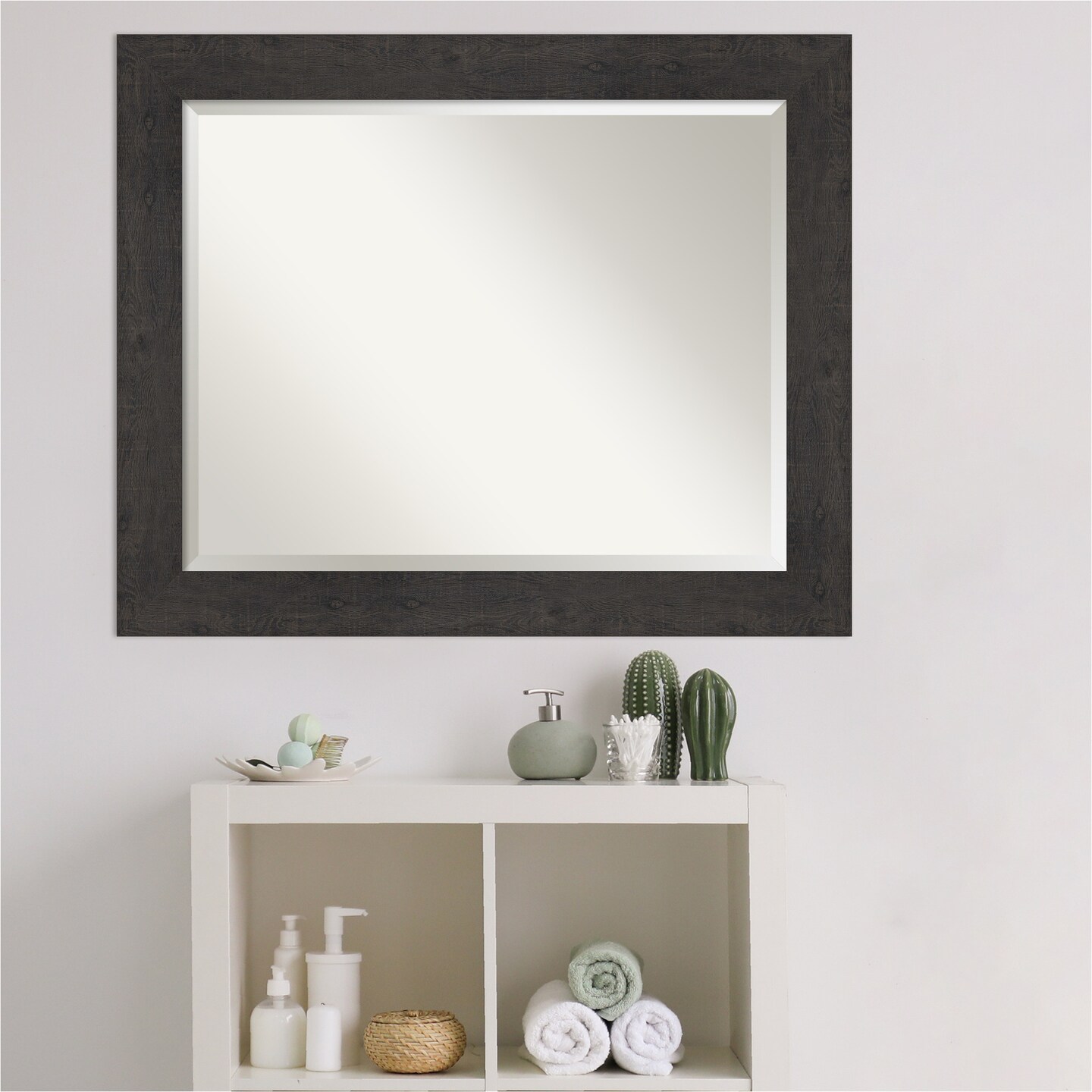Beveled Bathroom Wall Mirror, Rustic Plank Frame