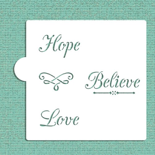 Hope, Believe, Love Cookie & Craft Stencil | CM032 by Designer Stencils | Cookie Decorating Tools | Baking Stencils for Royal Icing, Airbrush, Dusting Powder | Craft Stencils for Canvas, Paper, Wood | Reusable Food Grade Stencil