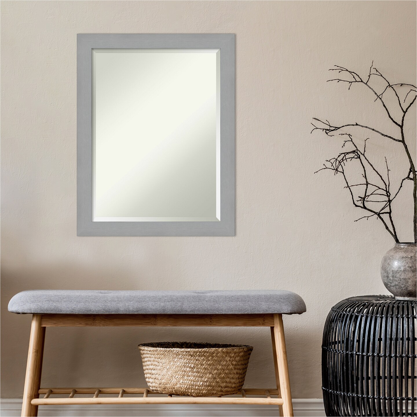 Beveled Bathroom Wall Mirror, Brushed Frame