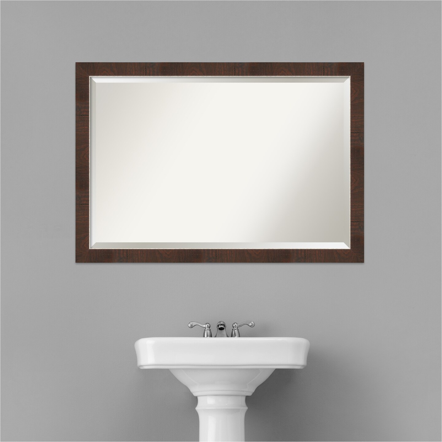 Beveled Bathroom Wall Mirror, Wildwood Brown Narrow Frame