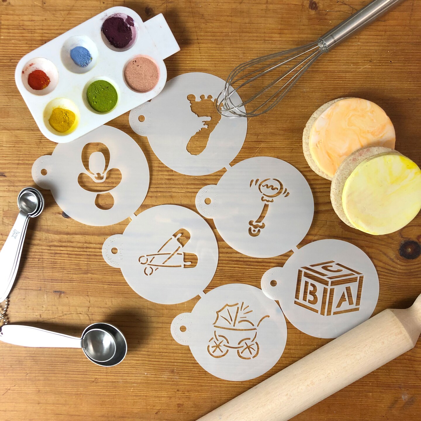 3-Inch Large Baby Cookie &#x26; Cupcake Stencils: Baby Carriage, Rattle, Pacifier, Block, Diaper Pins, Footprint | C197 by Designer Stencils | Cookie Decorating Tools | Baking Stencils for Royal Icing, Airbrush | Reusable Food Grade Stencil