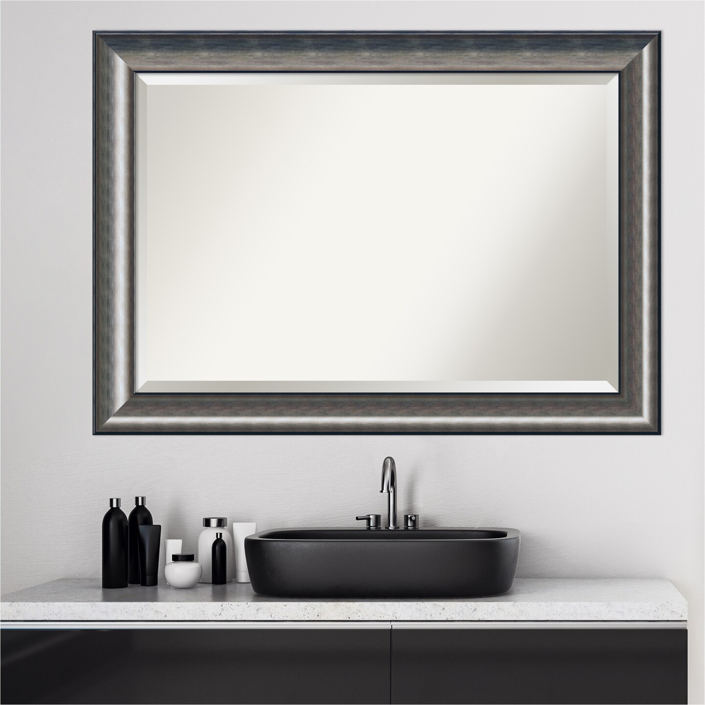 Beveled Wood Bathroom Wall Mirror, Quicksilver Scoop Frame