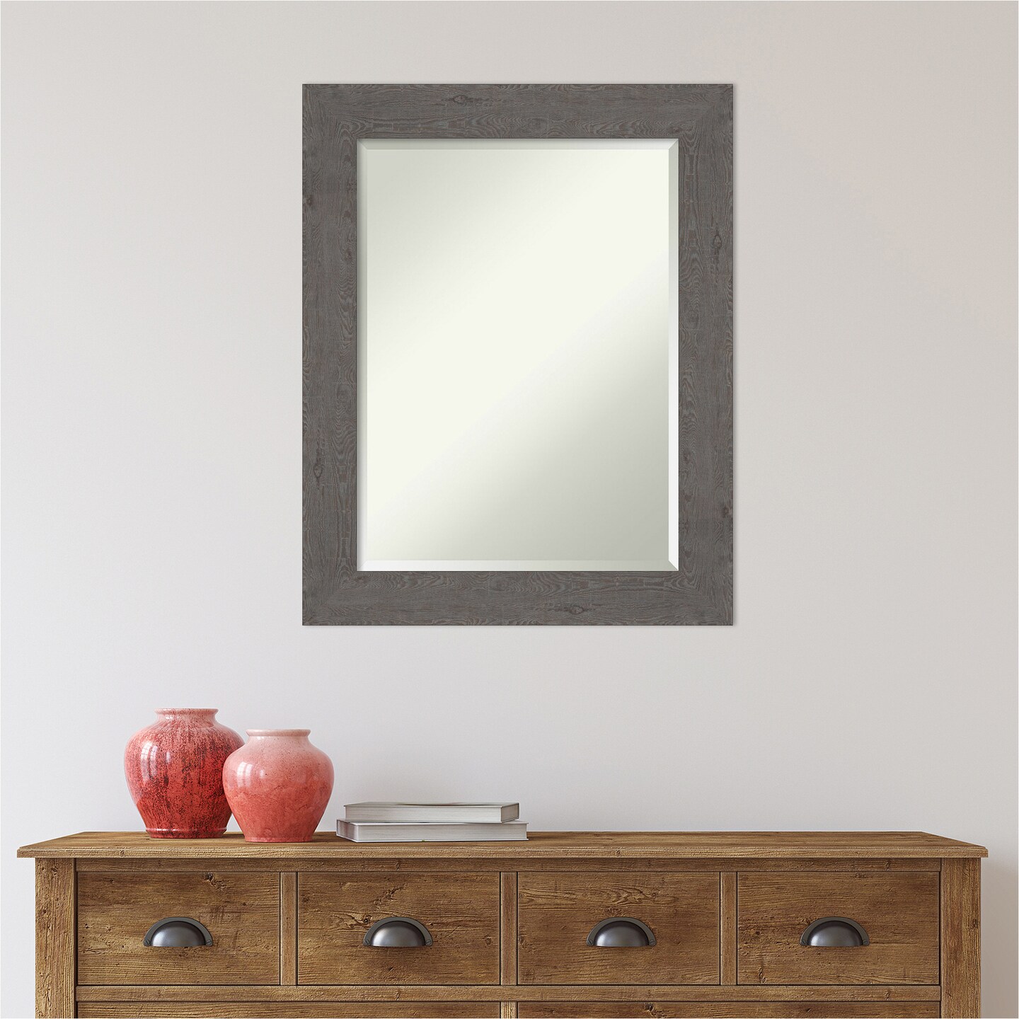 Beveled Bathroom Wall Mirror, Rustic Plank Frame