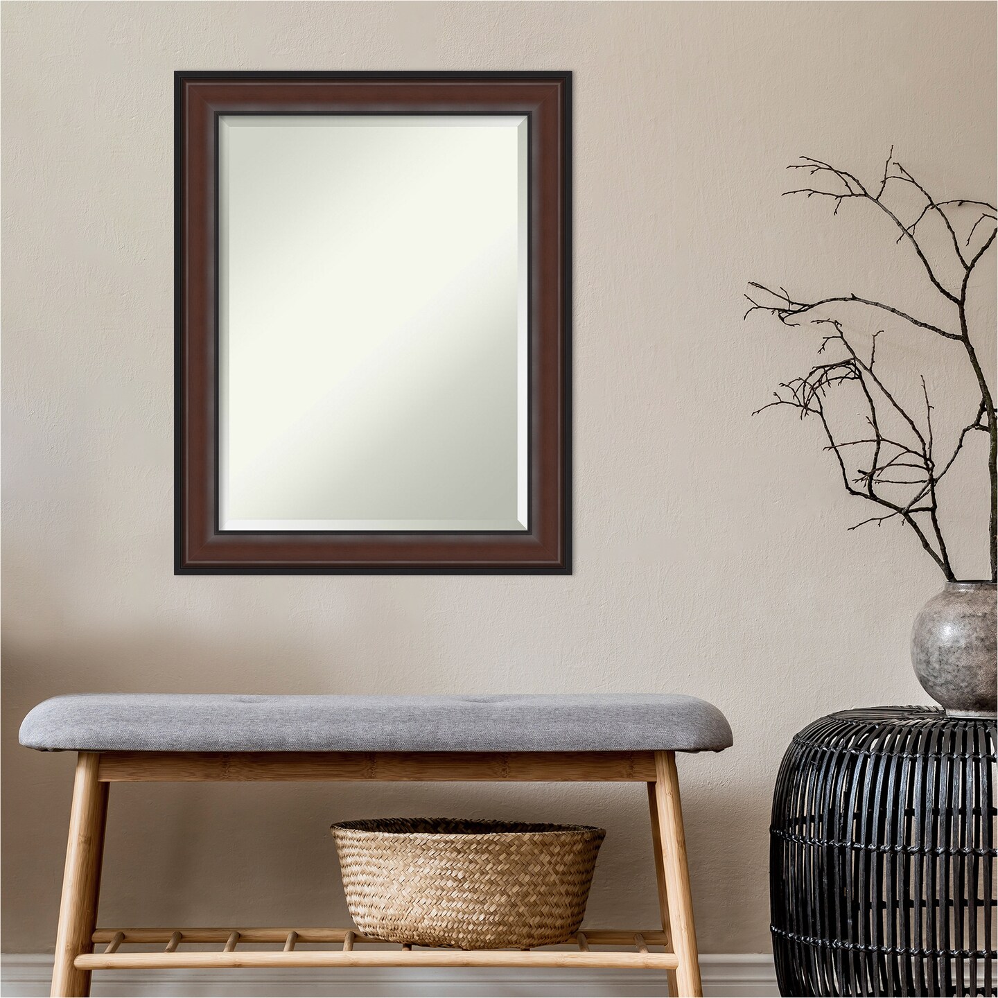 Beveled Bathroom Wall Mirror, Harvard Walnut Frame