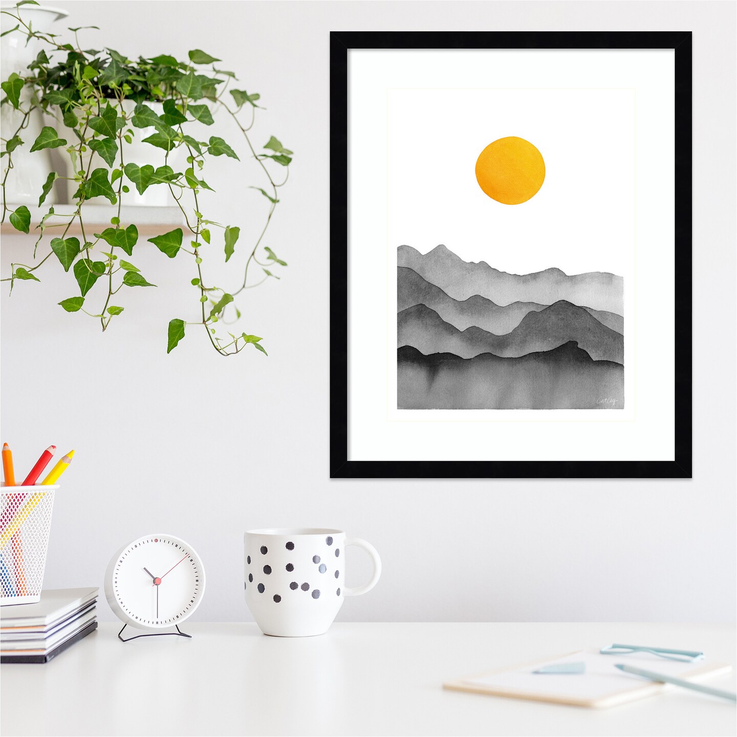 Black Yellow Mountain Range Silhouette by Cat Coquillette Wood Framed Wall Art Print