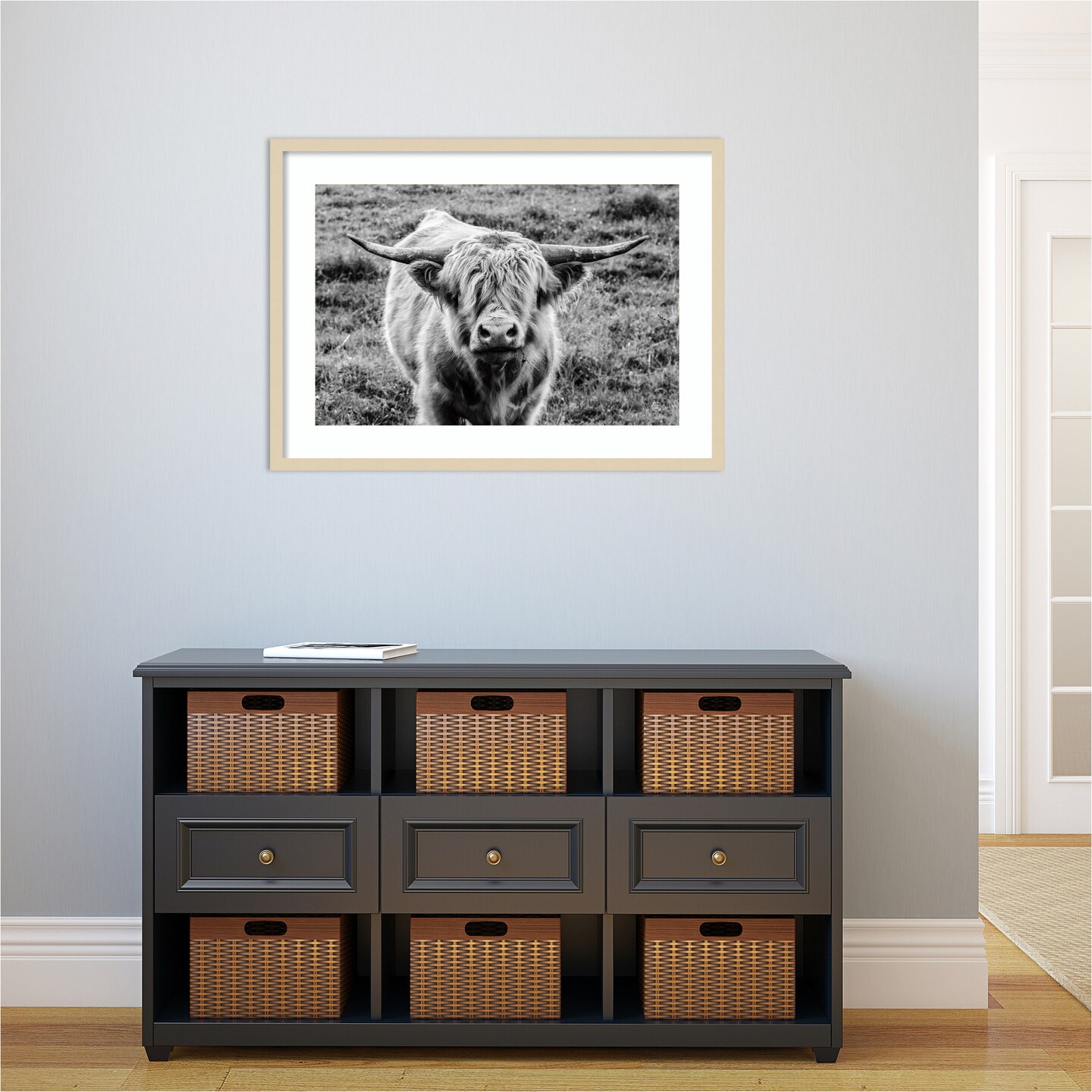 Highland Cow Staring Contest by Nathan Larson Wood Framed Wall Art Print