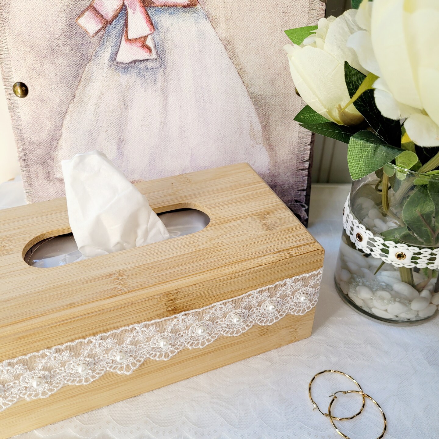Vintage Roses with Pearls Lace Trim