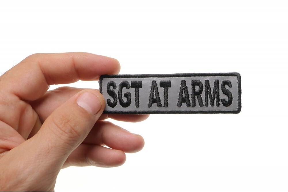 Patch, Embroidered Patch (Iron-On or Sew-On), Club Rank Position, Sgt At Arms (Black on Silver Reflective), 3.5" x 1"
