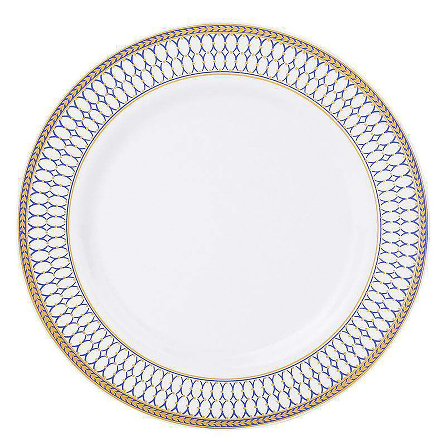 White with Blue and Gold Chord Rim Plastic Dinner Plates - 10.25&#x22; (120 Plates)