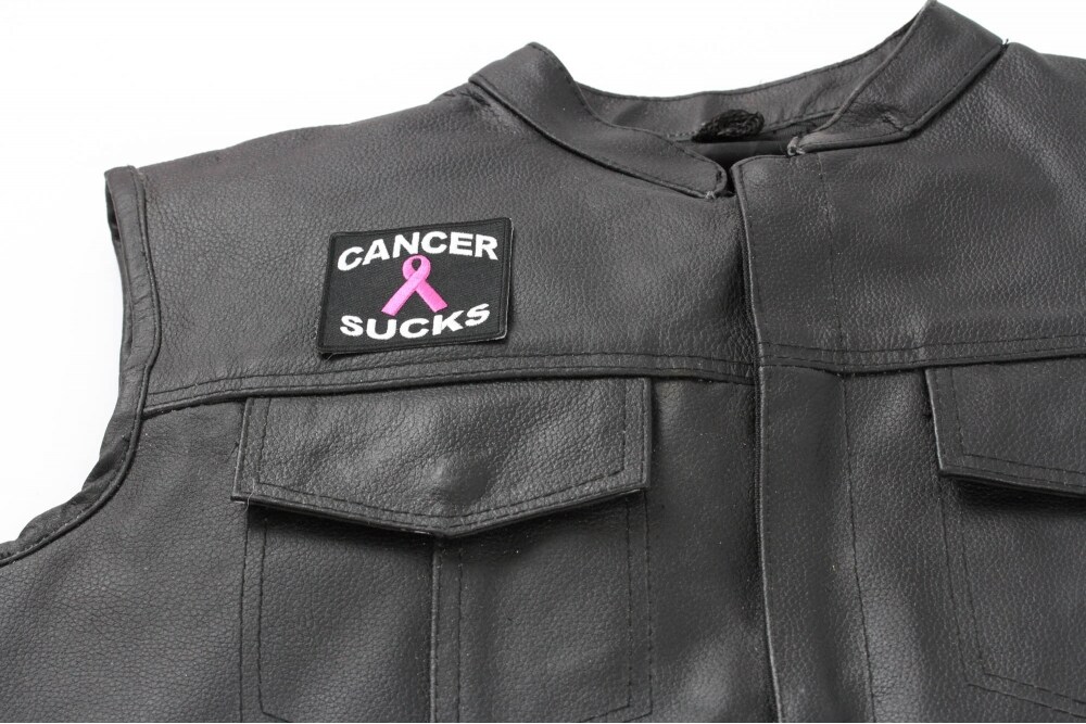 Patch, Embroidered Patch (Iron-On or Sew-On), Cancer Sucks (Breast Cancer Pink Ribbon), 2.5&#x22; x 2.5&#x22;