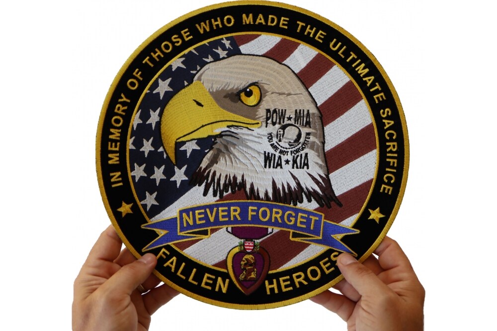 Large Back Patch, Embroidered Patch (Iron-On or Sew-On), Fallen Military Heroes POW MIA WIA KIA Memorial Large Back Patch, 12&#x22; Round
