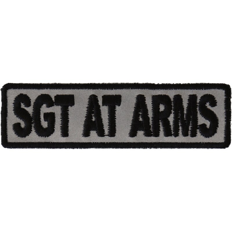 Patch, Embroidered Patch (Iron-On or Sew-On), Club Rank Position, Sgt At Arms (Black on Silver Reflective), 3.5" x 1"