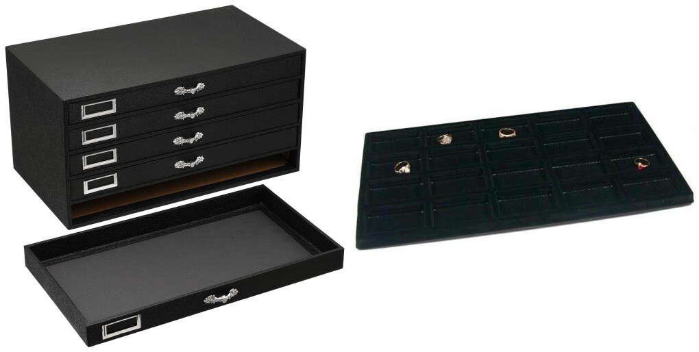 Black FindingKing 5-Drawer Jewelry Storage Case w/ 5 Black Flocked 20-slot Trays