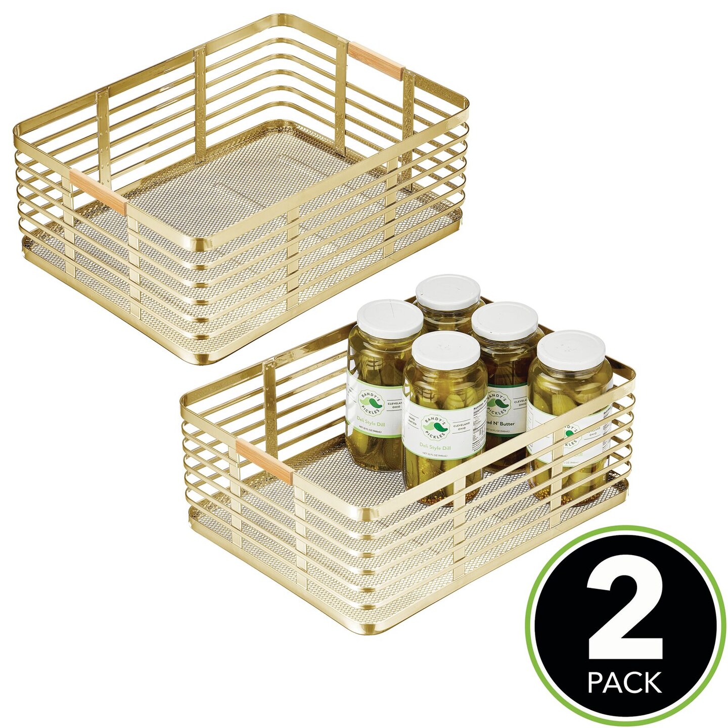mDesign Metal Rustic Large Food Storage Bin Basket - 2 Pack - Soft Brass/Natural