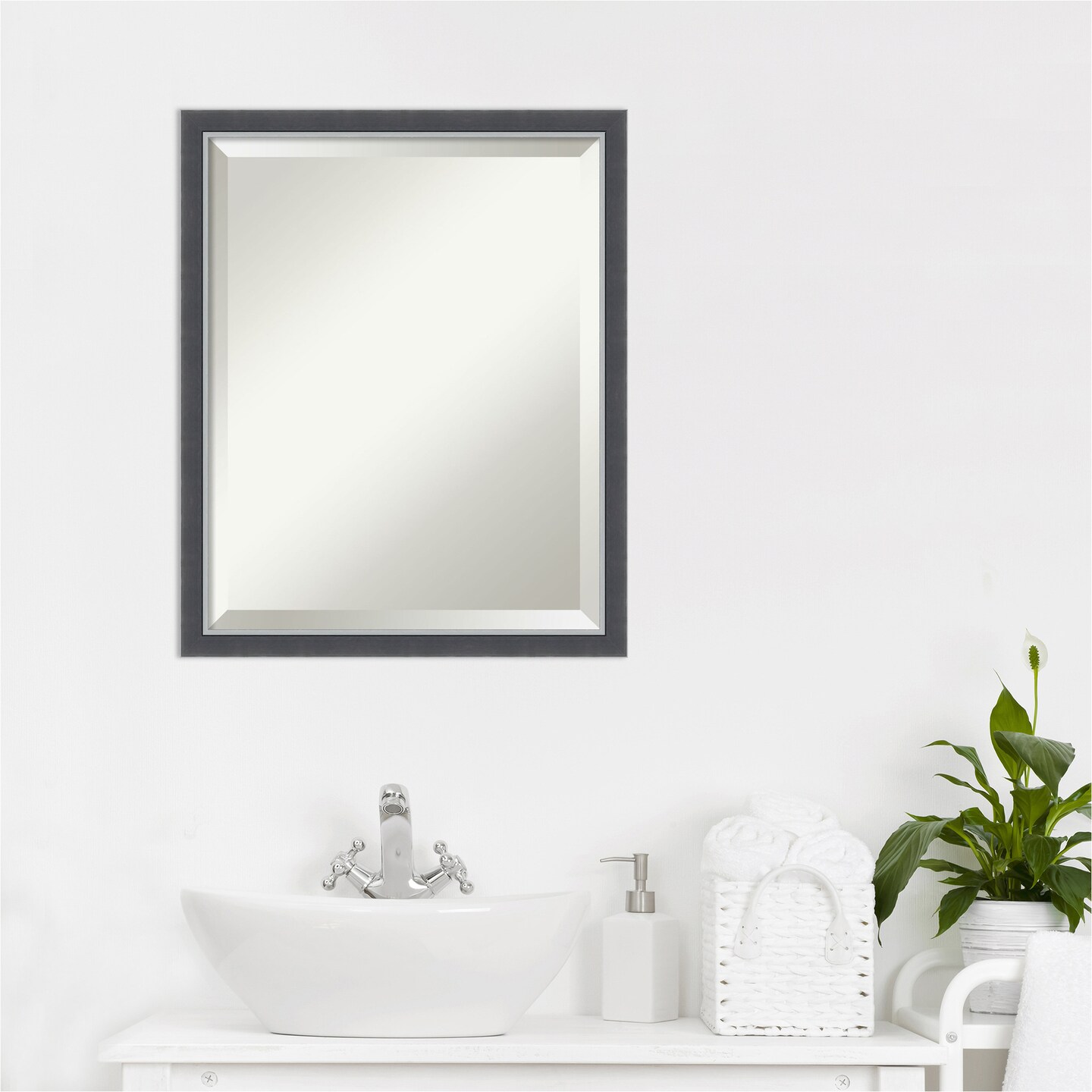 Beveled Bathroom Wall Mirror, Eva Black Silver Thin Frame