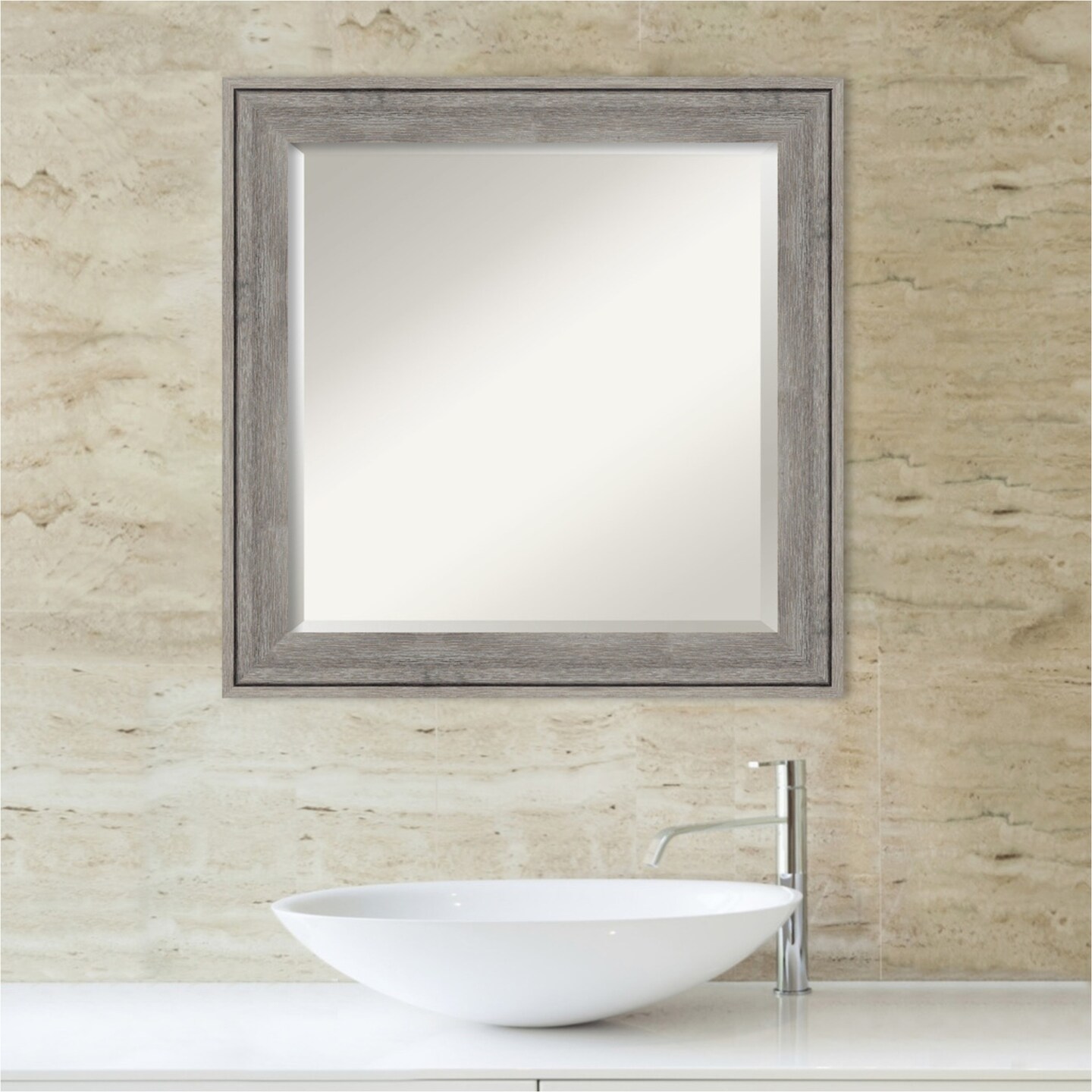 Beveled Wood Bathroom Wall Mirror, Regis Barnwood Grey Frame