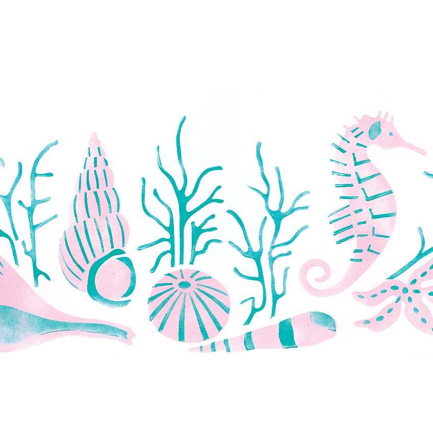 Shells with Seahorse Wall Stencil | 1838 by Designer Stencils | Reusable Art Craft Stencils for Painting |