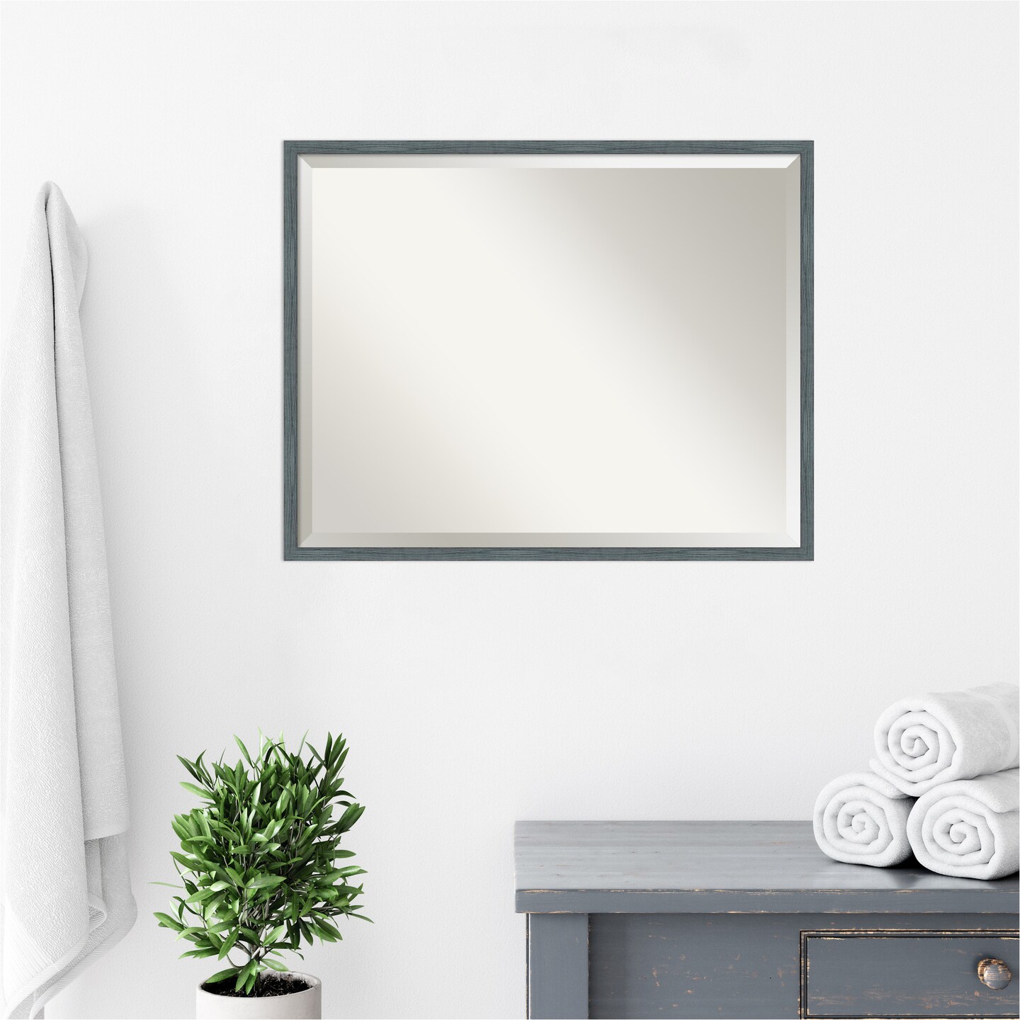 Beveled Wood Bathroom Wall Mirror, Dixie Blue Grey Rustic Narrow Frame