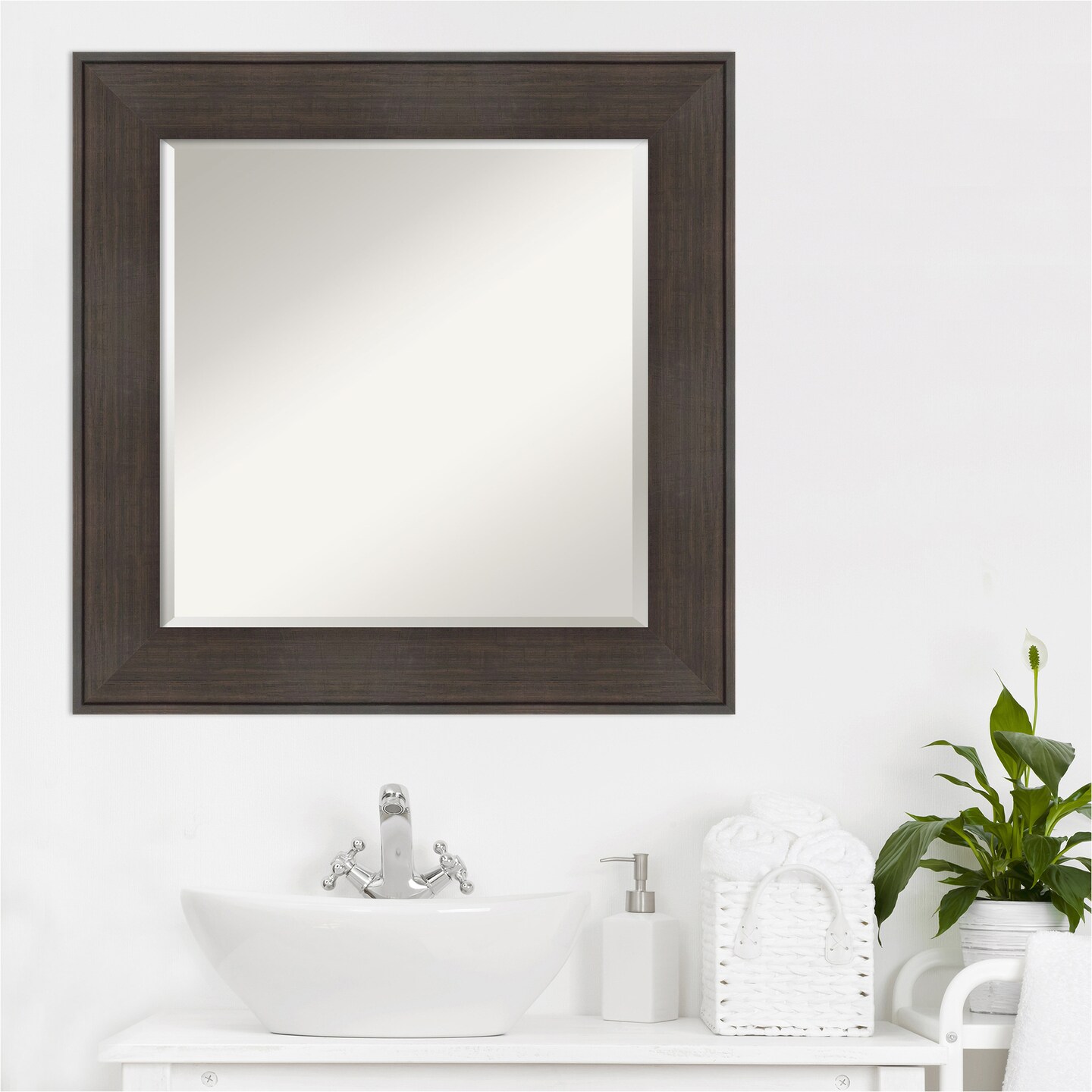 Beveled Bathroom Wall Mirror, William Rustic Woodgrain Frame